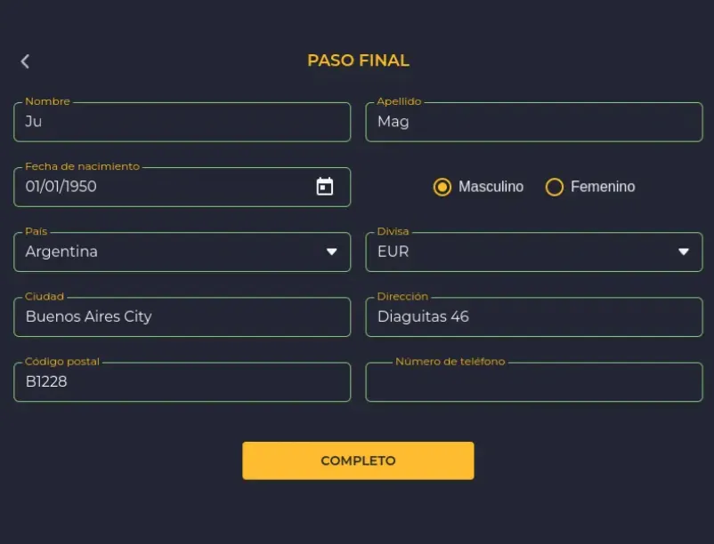 Paso 2 de registro Rolling Slots